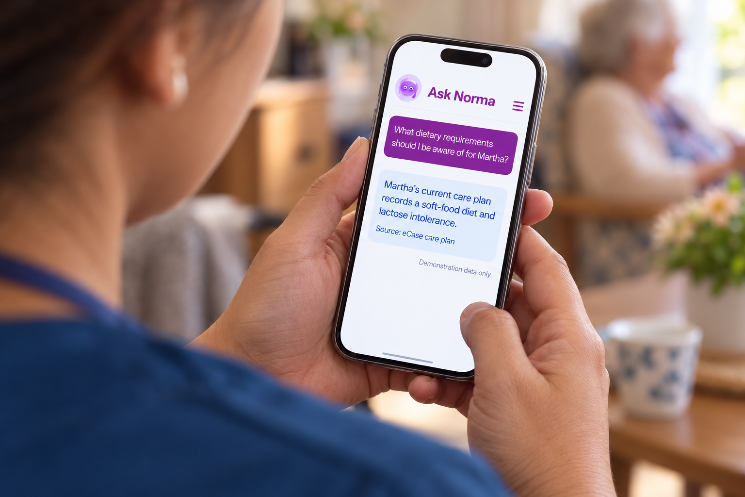 Care worker using Ask Norma to query eCase information